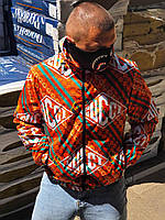 Оранжевая куртка ветровка мужская с капюшоном принтованая