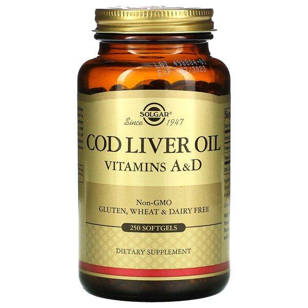 Масло печінки тріски вітаміни A і D (Cod Liver Oil) Solgar, 250 капсул