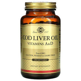 Масло печінки тріски вітаміни A і D (Cod Liver Oil) Solgar, 250 капсул