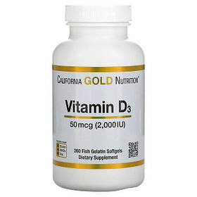 Вітамін D3 Д3 50 мкг (2000 МО) California Gold Nutrition 50 мкг (2000 МО) 360 рибно-желатинових капсул