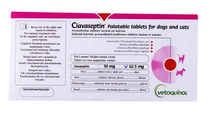 Клавасептин 62,5мг Vetoquinol Clavaseptin проти інфекційний препарат для собак і котів, 10 таблеток