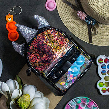 Рюкзак дитячий 20*19 см з паєтками на блискавці з прозорою кишенею Luna