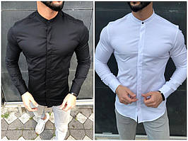Стильна чоловіча сорочка біла та чорна з коміром стійка Туреччина, однотонна приталена сорочка ділова