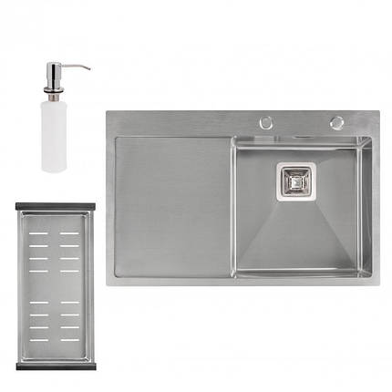 Набір 3 в 1 Qtap кухонна мийка DK7850R 3.0/1.2 мм Satin + сушарка + дозатор для мийного засобу, фото 2
