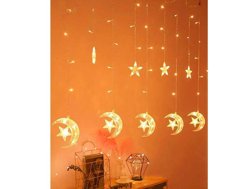 Гірлянда Штора МІСЯЦЬ з ЗІРКОЮ 12шт 3м*1м. теплий білий 1823-07 ТМ КИТАЙ, фото 1