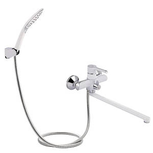 Qtap Grand Змішувач для ванни Chrome/White (k35) з довгим поворотним виливом і душовим гарнітуром