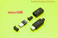 Штекер micro USB 5 pin у корпусі з кабельним уведенням, ЧОРНИЙ