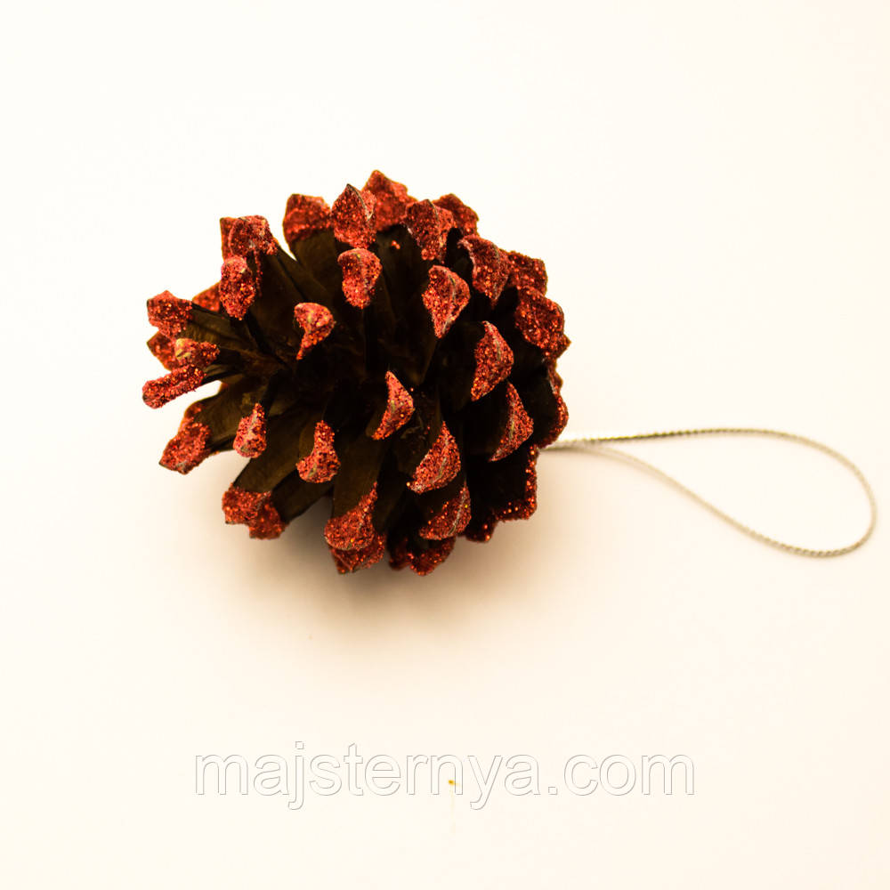 Новорічна ялинкова прикраса, шишка червона (глітер)