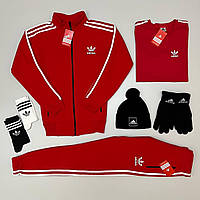 Спортивный костюм зимний + Шапка + Футболка + Носки + Перчатки Adidas на флисе Комплект мужской Адидас красный
