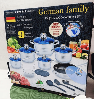 Набір посуду German Family GF-2054 з нержавіючої сталі 18 предметів (каструлі, ківш, сковорідка, фритюрниця)