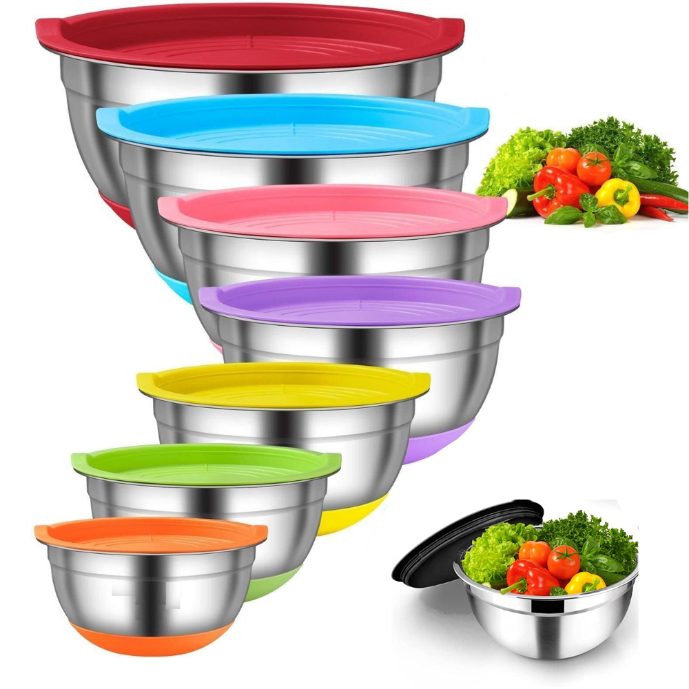Набір металевих мисок Cooking House з силіконовим дном і кришкою — 8 шт (30-16 см)