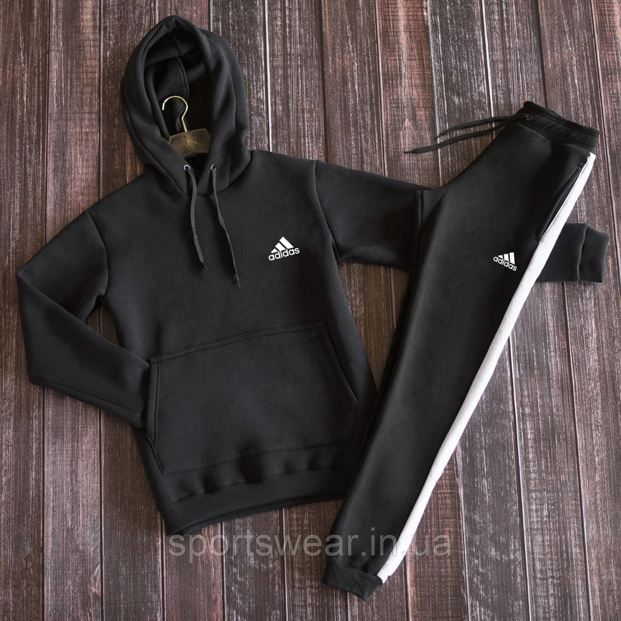 Чоловічий костюм Adidas зимовий Толстовка з капюшоном Кенгуру з принтом Адідас і спортивні штани з лампасами, фото 1