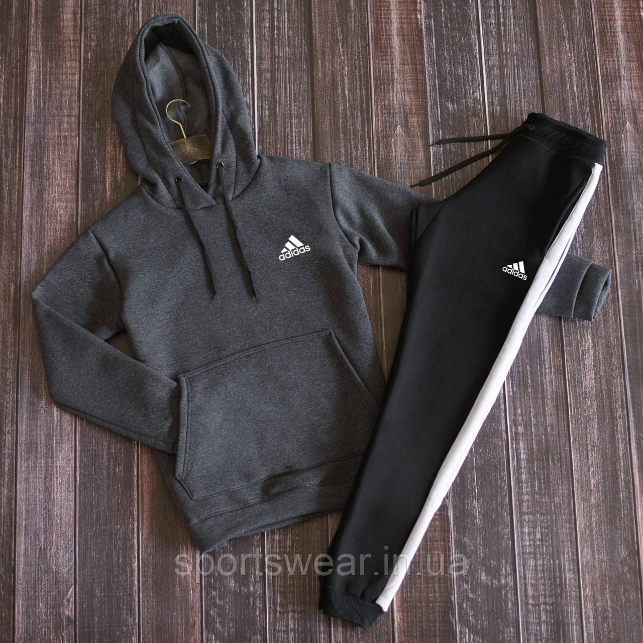Чоловічий теплий костюм Adidas Кенгуруха з кишенею Кофта з принтом Адідас, зимові штани з лампасами