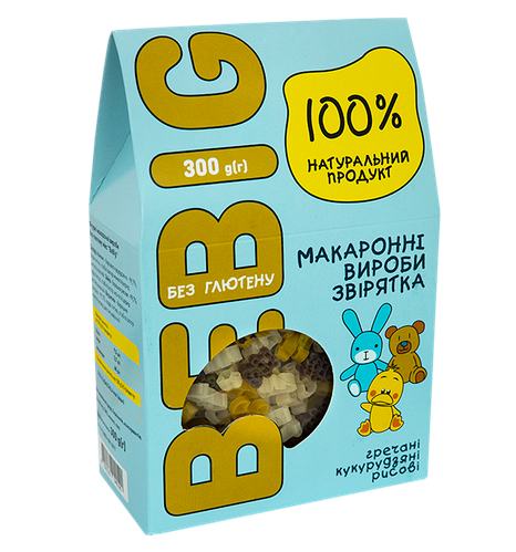 Макарони без глютену мікс гречані-кукурудзяні-рисові Звірята ТМ Bebig 300гр