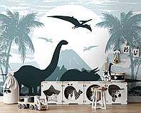 Фото шпалери в дитячу кімнату 368x254 см Динозаври на тлі вулкана Синьо-зелений колір (14009P8)+клей
