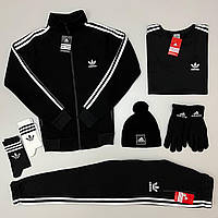 Спортивний костюм ЗИМОВИЙ Adidas + Шапка + Футболка + Шкарпетки + Рукавички | Комплект чоловічий теплий Адідас чорний