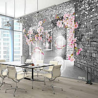 Триде фото обои 368x254 см 3D Пространственный коридор Серый кирпичный туннель с цветами и шарами