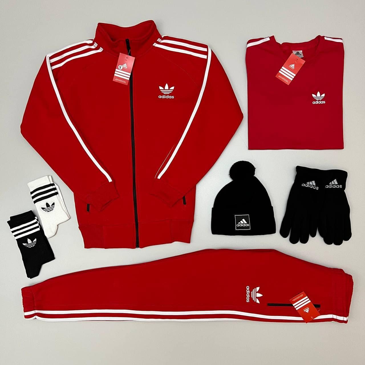 Спортивний костюм ЗИМОВИЙ Adidas + Шапка + Футболка + Шкарпетки + Рукавички | Комплект чоловічий теплий Адідас червоний