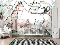 Фото обои для детской комнаты 368x280 см Акварельные зверята в джунглях В скандинавском стиле (14069P10)+клей