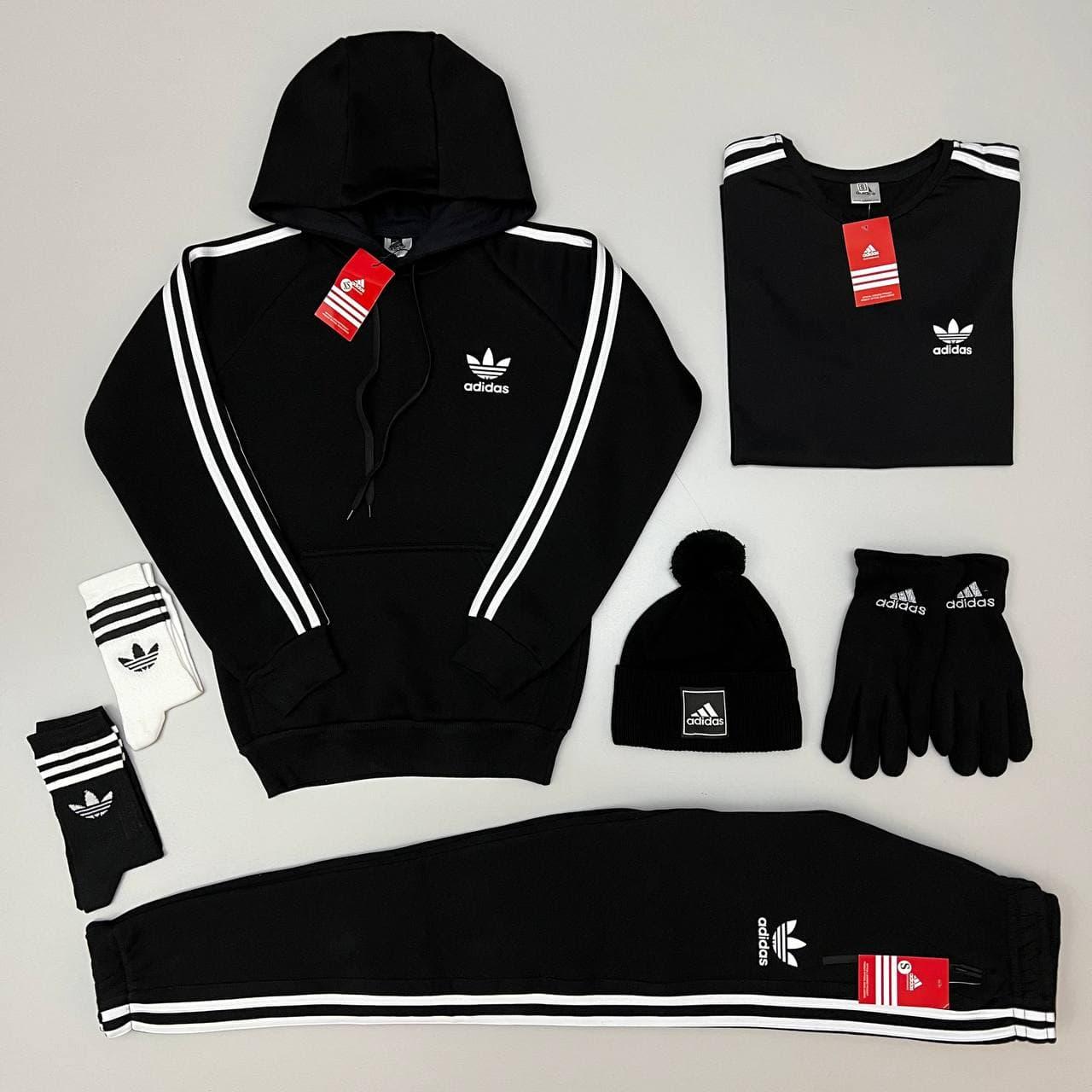 Комплект ЗИМОВИЙ Спортивний костюм жіночий Adidas + Шапка + Футболка + Шкарпетки + Рукавички | теплий Адідас чорний