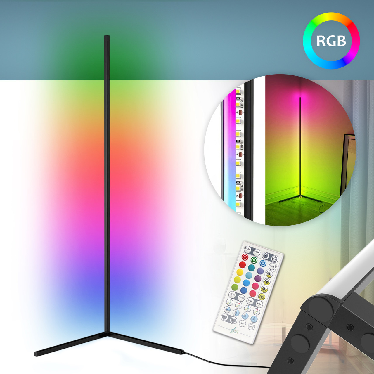 Підлоговий кутовий світлодіодний LED торшер 140 см RGB світильник з пультом ДУ