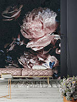 Флизелиновые фотообои 3D Розы Пионы 184x254 см Винтажные цветы на черном фоне (13525V4A)+клей