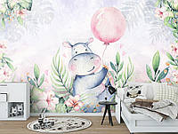 Флизелиновые фотообои цветы 254x184 см Бегемот с воздушным шариком в пастельных тонах для девочки