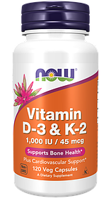 Вітаміни D3 і K2 45 мкг (1000 МЕ) Now Foods 120 рослинних капсул