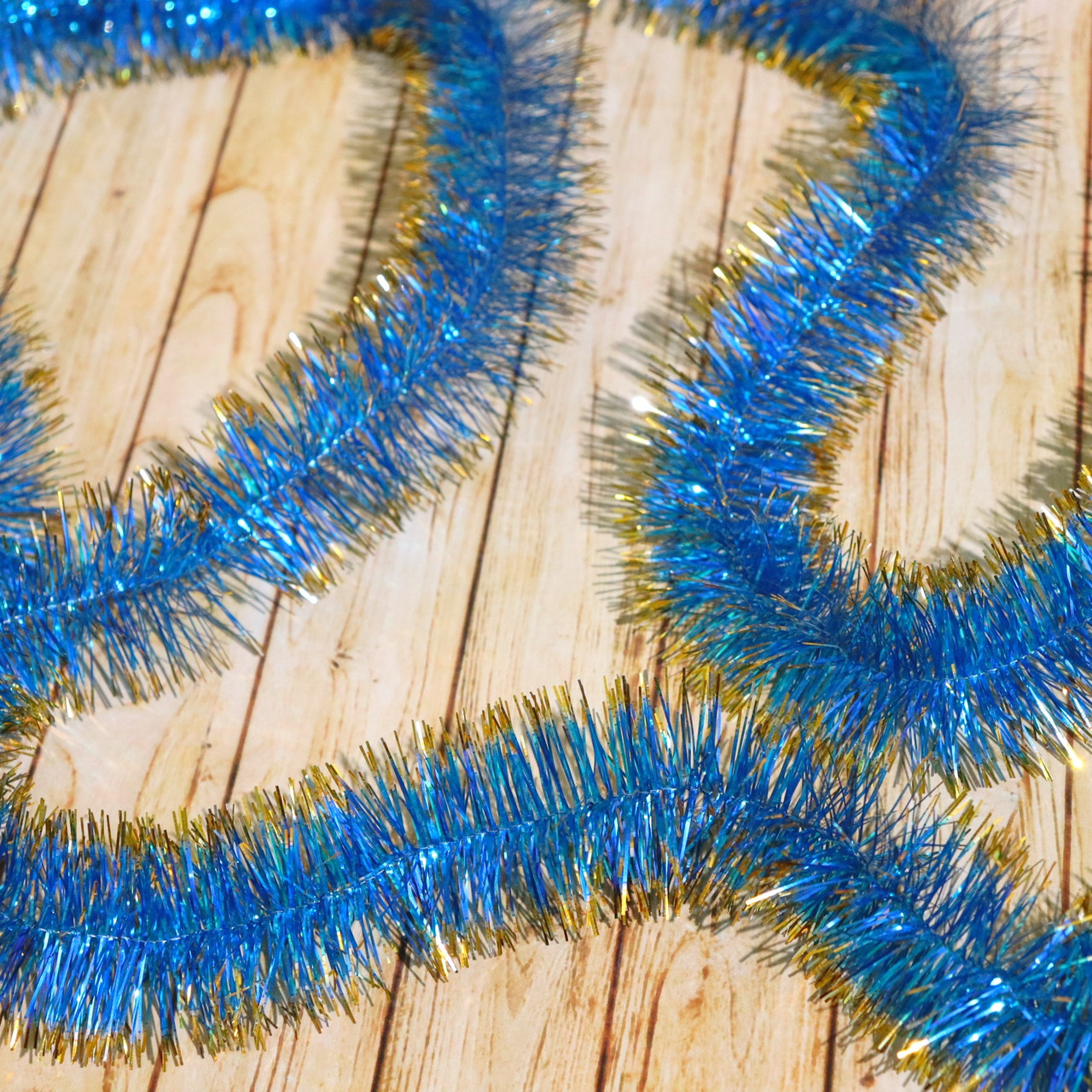 🔥 Топ! 5 см діаметр Гарний дощик для декору Блакитний із золотими кінчиками, Довжина 3 метри