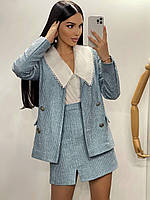 Костюм Франция женский элегантный из твида пиджак с пуговицами и юбка с разрезом Kf1395