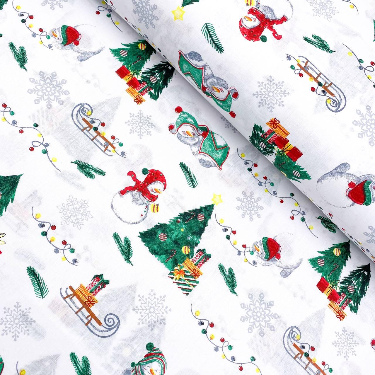 Польська бавовняна тканина "Сніговики з ялинками, санками на білому" 160 см, фото 1