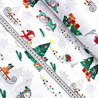 Польська бавовняна тканина "Сніговики з ялинками, санками на білому" 160 см, фото 2