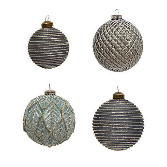 Набір із 4-х сірих скляних іграшок на ялинку з декором Villa Grazia