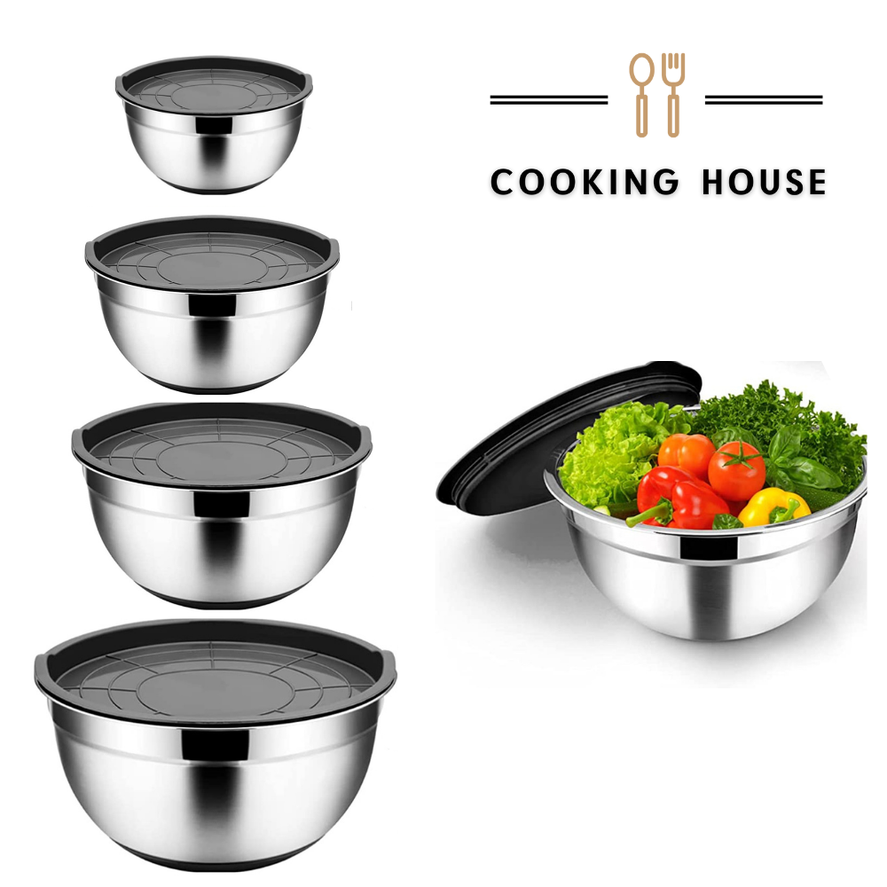 Набір металевих мисок Cooking House з силіконовим дном і кришкою — 4 шт (28-16 см)