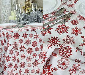 Скатертина для столу "Сніжинки Червоні" 235х150см, Біла