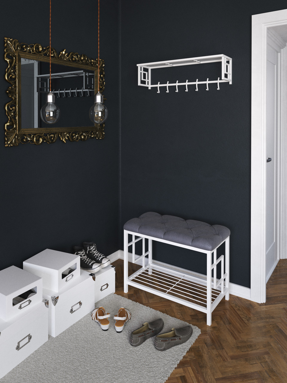 Комплект для передпокою Дублін Пуф + Вішалка метал білий сидіння екокожа Родео (Tenero TM), фото 1