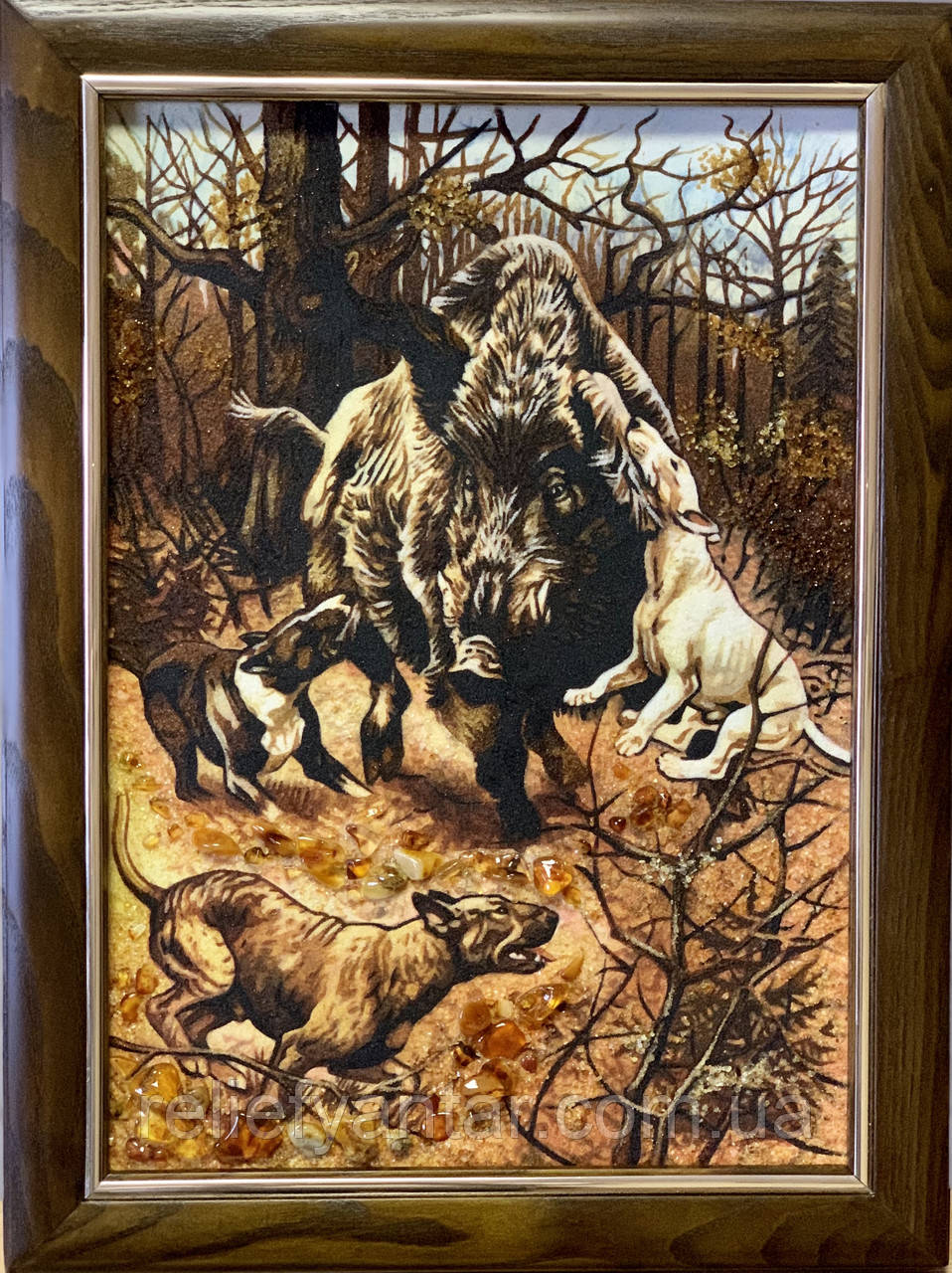 Картина з бурштину Полювання на кабана, Картина з бурштину Полювання на кабана 30x40 см, фото 1