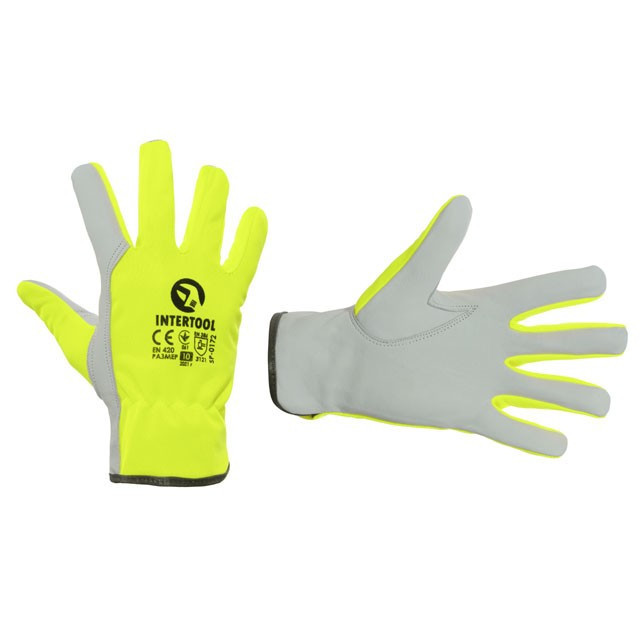 Рукавичка шкіряна комбінована з високоякісної козячої шкіри та флуоресцентної зеленої тканини 10", фото 1