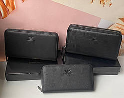 Чоловічий шкіряний гаманець Armani Армані чорний, гаманець на дві змійки, гаманці шкіра, брендовий гаманець