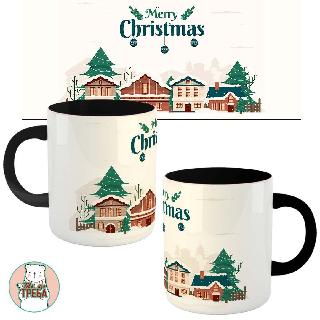 Горнятко / чашка "Merry Christmas" будиночки Чорний, фото 1