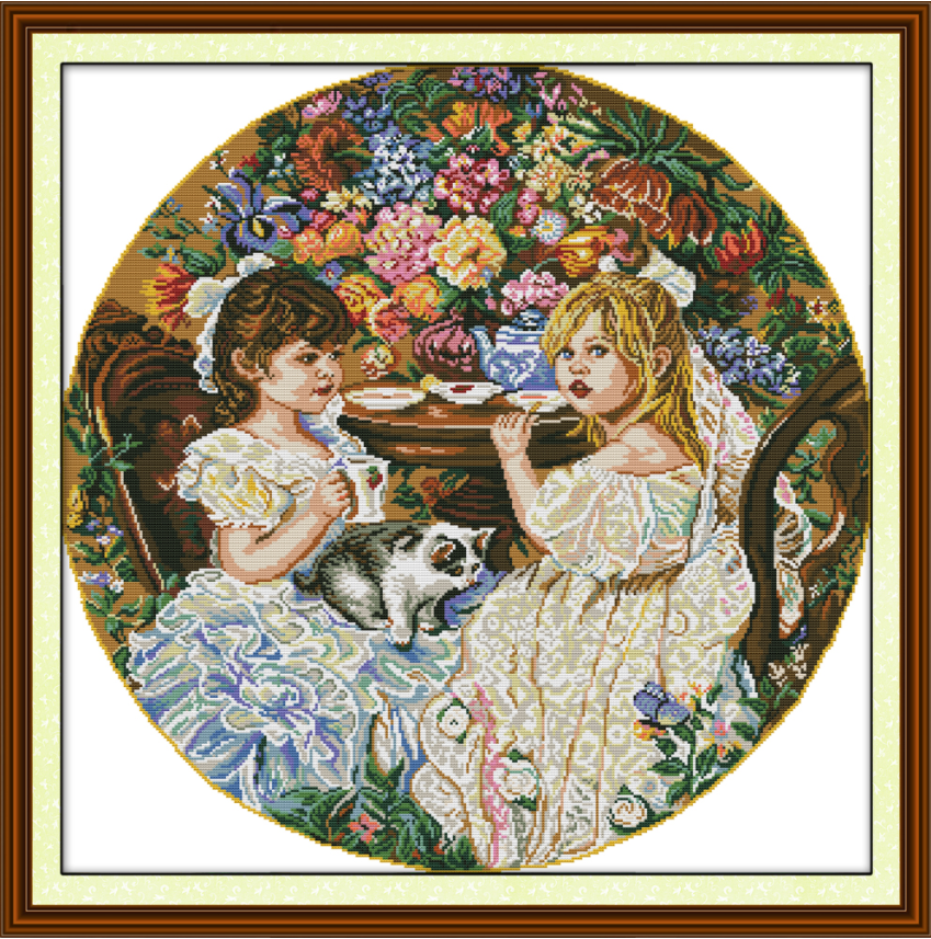 Набір для вишивання за нанесеною на канву схемою "Two little girls" . AIDA 14CT printed, 62*62 см