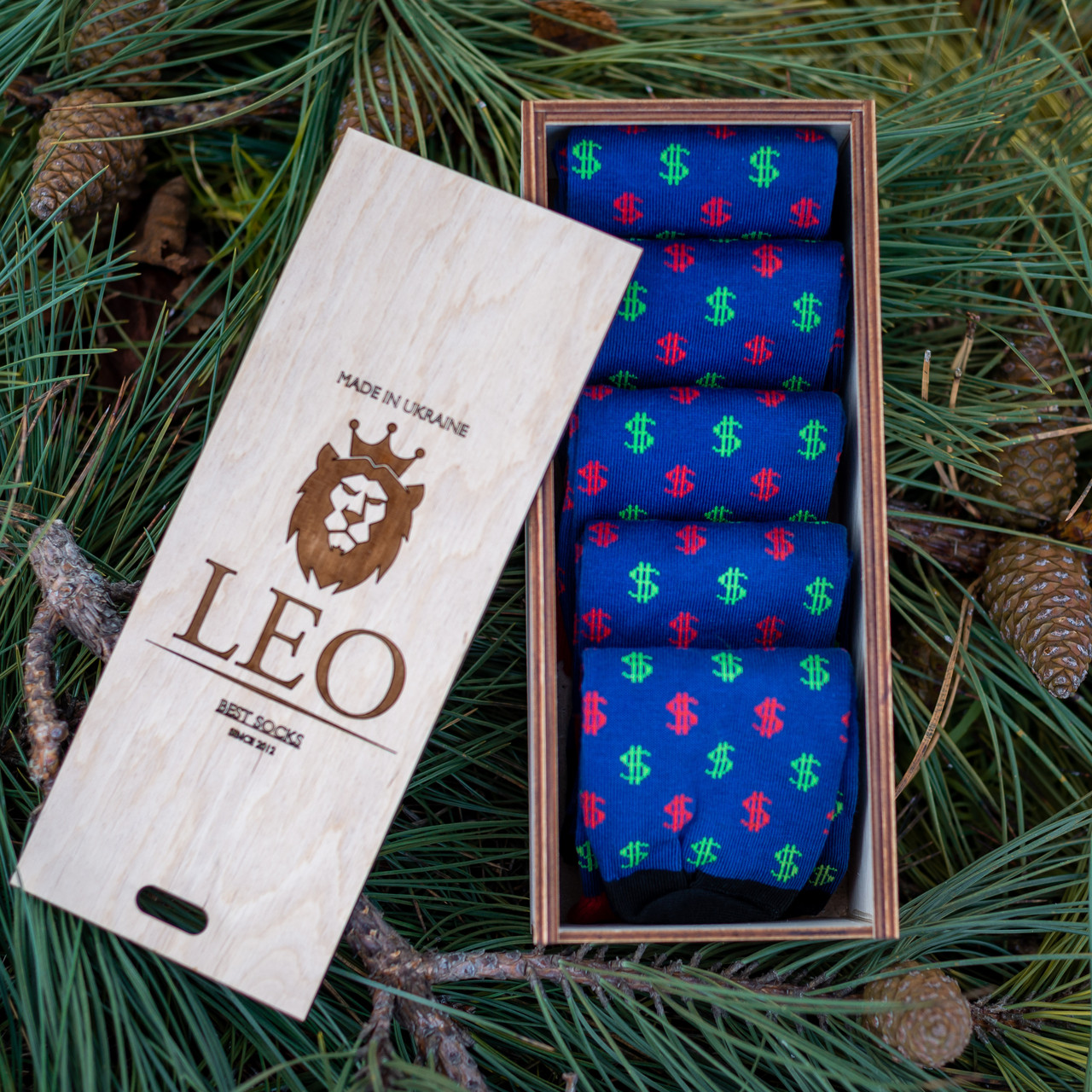 Шкарпетки чоловічі подарунковій дерев'яній коробці Лео з принтом «Мільйонер» 5 пар., чоловічі шкарпетки в кейсі