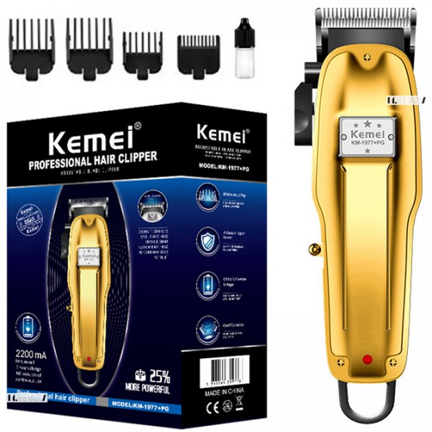 Машинка для стриження волосся й бороди професійна акумуляторна з насадками металева Kemei USB 5W Gold