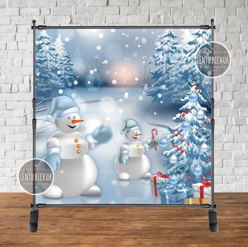 Банер Новорічний 2х2м (Зимовий пейзаж, сніговики) - Фотозона (вініловий) (Без каркасу) -