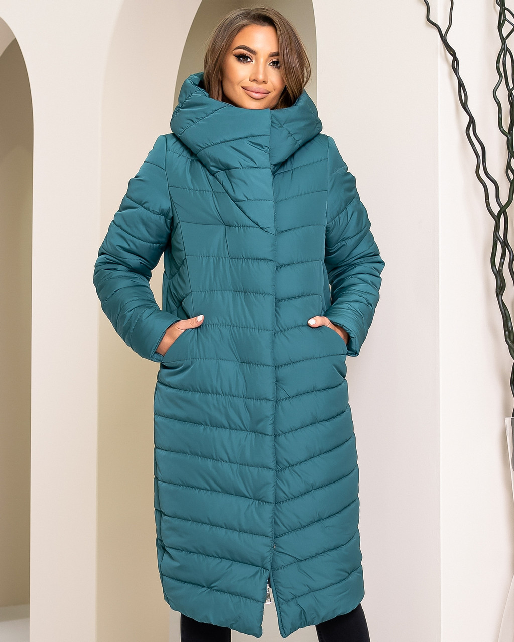 Куртка кокон зимна стеганна арт. 180 плащівка Мадонна пляшковий зелений / темно зелений / зелений