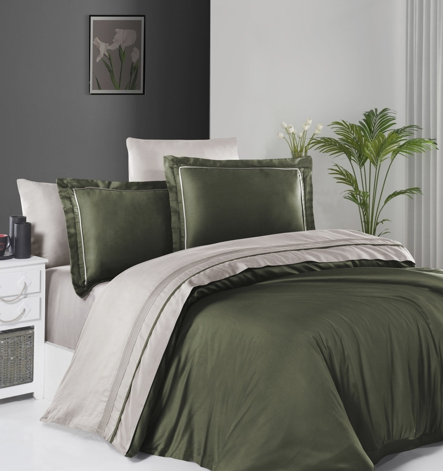 Турецьке Постільна Білизна First Choice Deluxe Satin Serenity Dark Green & Sand