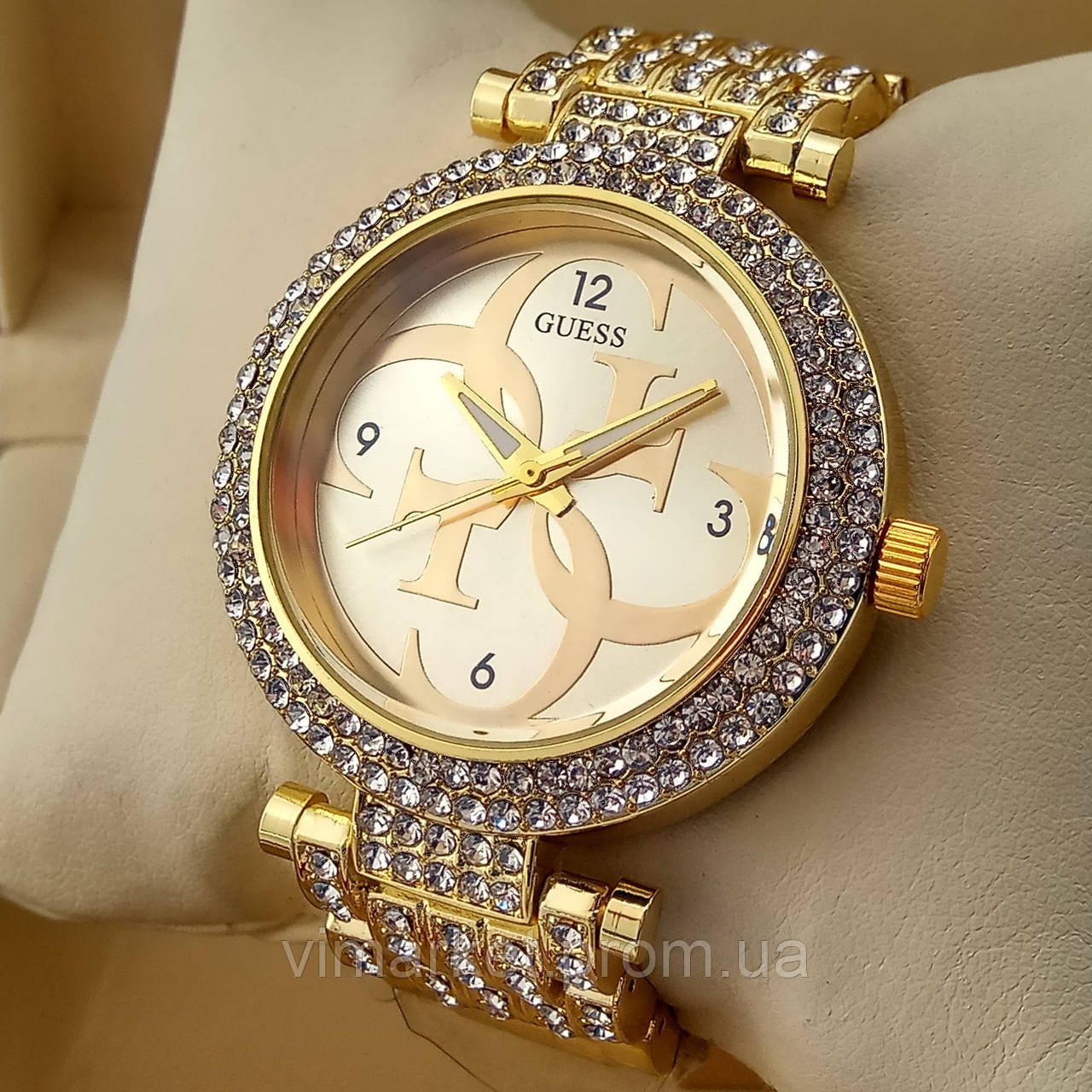 Жіночий наручний годинник Guess Гуес Diamonds золотого кольору із золотим циферблатом на металевому браслеті