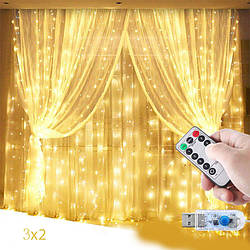 Гірлянда Штора на дроті Крапля роси 2 х 2 м 200 LED з пультом і USB, 10 ниток, теплий білий