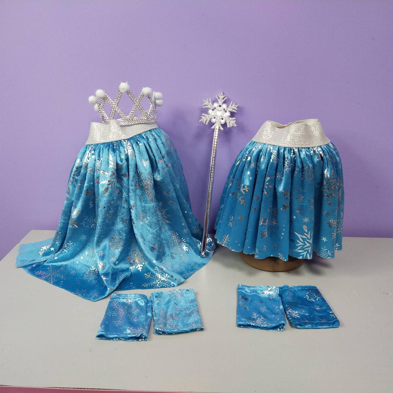 Костюм новорічний снігурочка 1-8 років спідниця блакитна велюрова та корона з чарівною паличкою 1 шт, фото 1