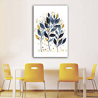 Картина в скандинавському стилі Синьо жовті золотисті листя на білому тлі